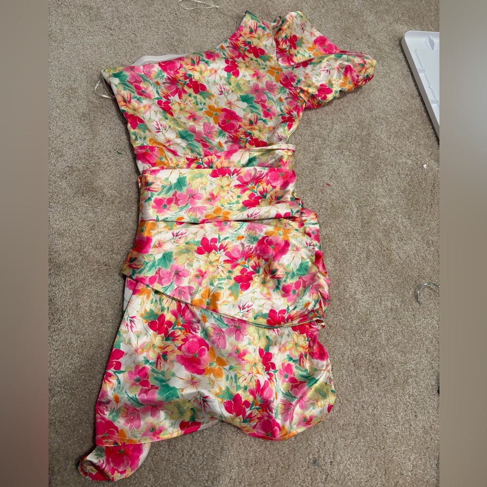Floral One Shoulder Mini Dress XS Ruched Tie Waist Pink - Picture 7 of 7